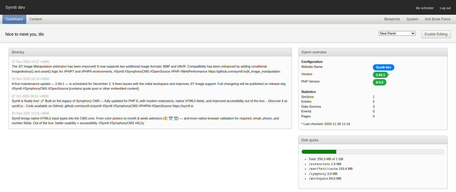 Screenshot of the dashboard panel